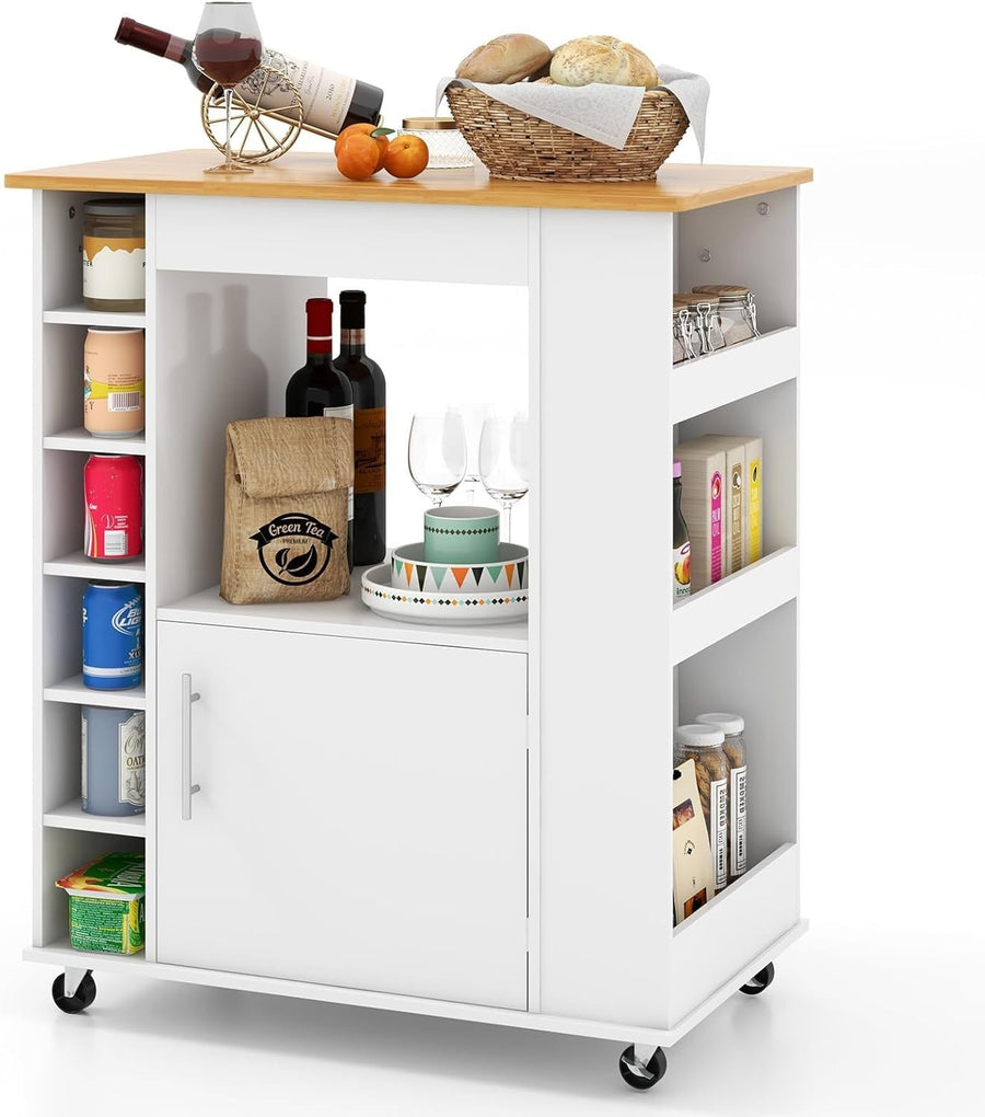Kitchen Island on Wheels Bamboo Top Wine Rack Cabinet