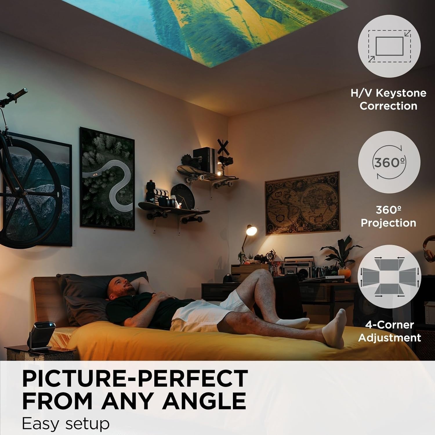Portable Smart LED Projector 360° Auto Focus WiFi Bluetooth Battery