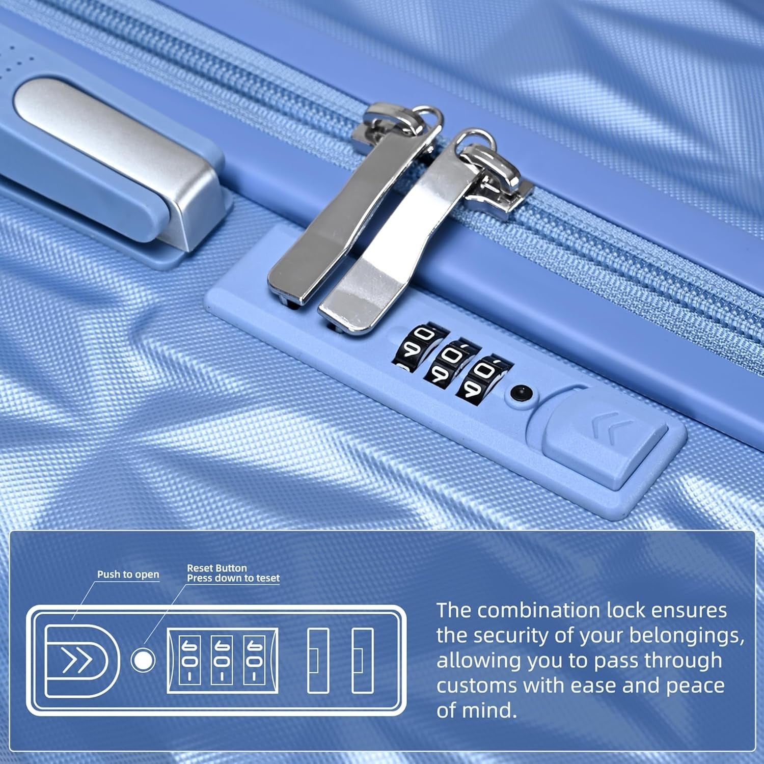 24 Inch Medium ABS Hard Shell Suitcase 4 Spinner Wheels Lock Ice Blue