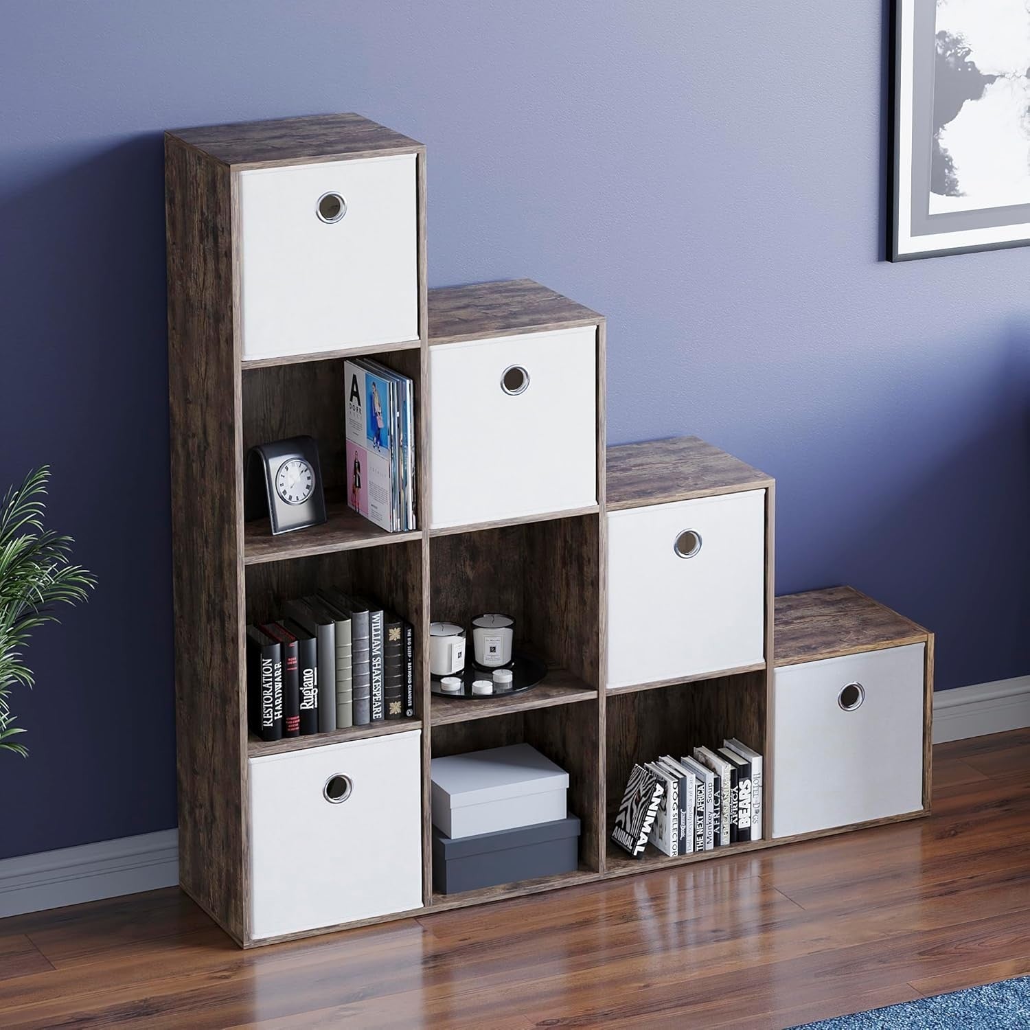 Dark Wood 10 Cube Staircase Bookcase with 5 White Baskets Storage Unit