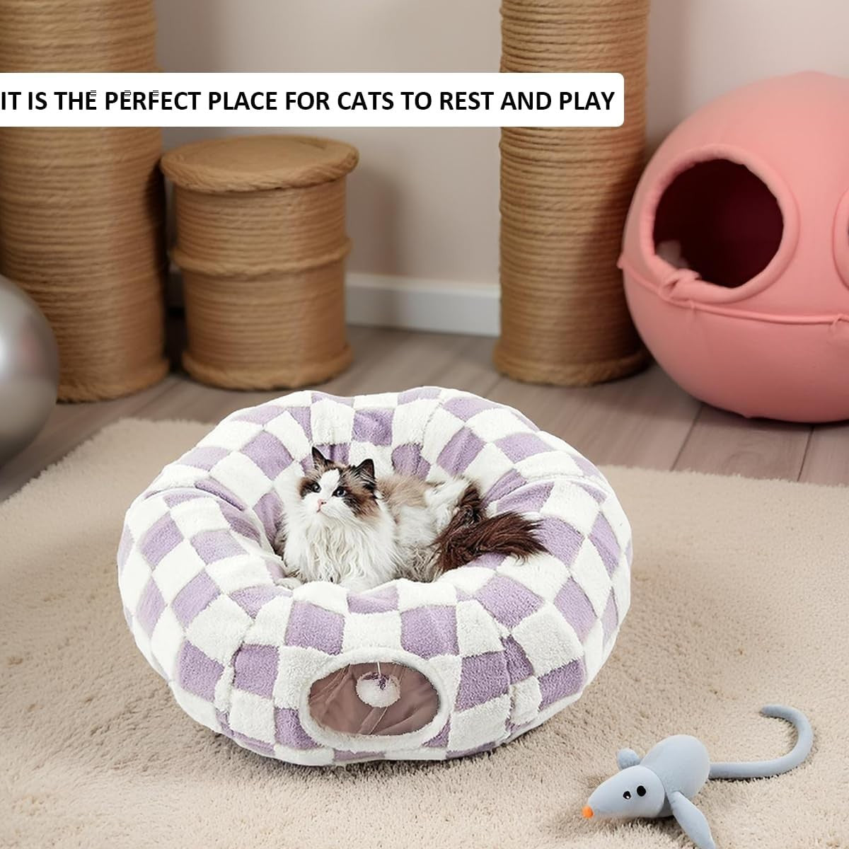 Cat Donut Tunnel Bed 2 in 1 Play Tunnel w Washable Cushion Purple