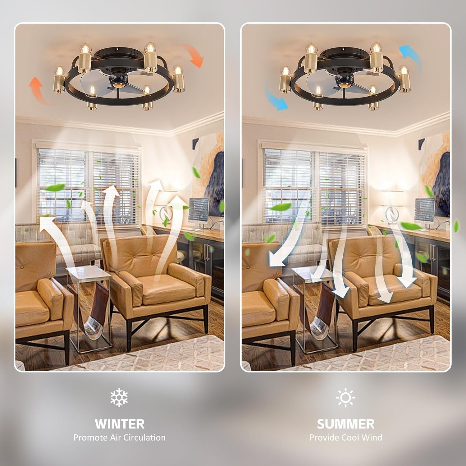 ZHXINASHU Retro 3-Blade Ceiling Fan with Light & Remote, Gold, E27