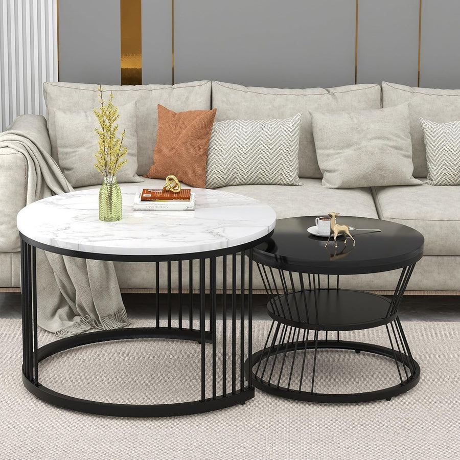 Nesting Coffee Tables Set of 2 Round Metal Frame Nightstand Black & White