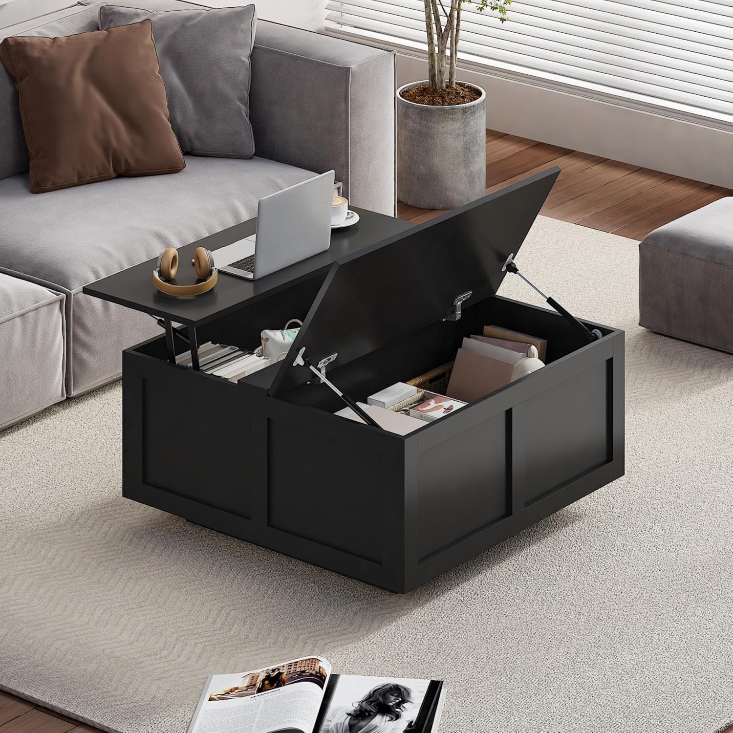 Lift Top Coffee Table with Storage, Hydraulic Lift, Hidden Compartments, Black