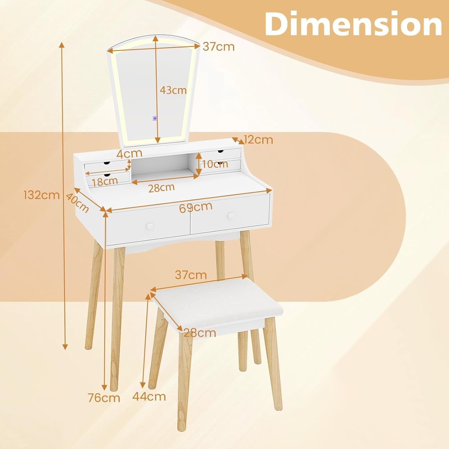 White Vanity Dressing Table Set w/ 3-Color LED Mirror, 6 Drawers & Stool