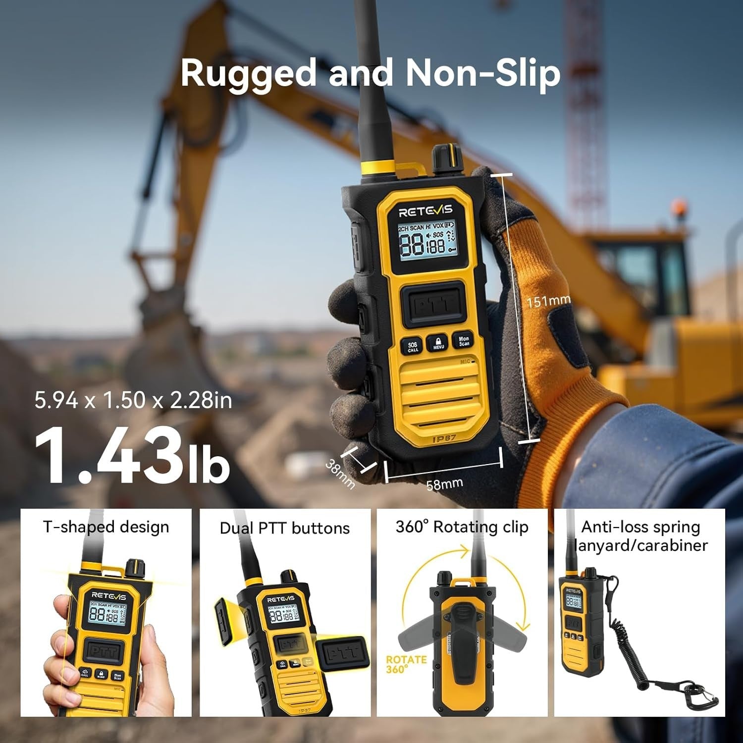 IP67 Waterproof Walkie Talkies 2 Pack 2800mAh Noise Cancel Long Range