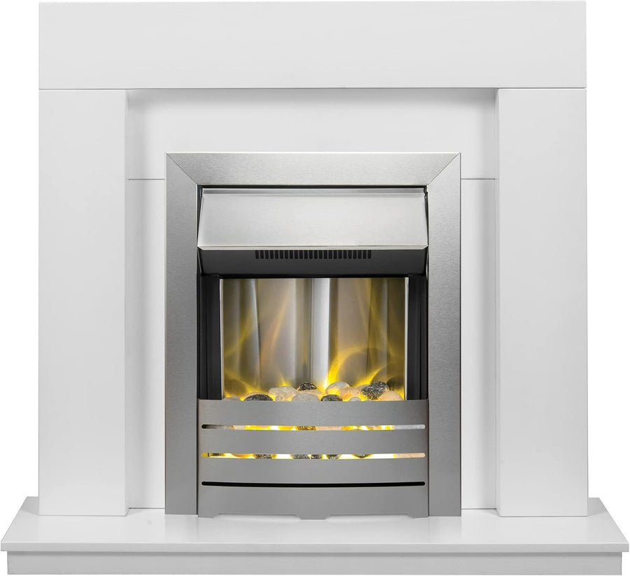 39” White Electric Fireplace Suite LED Heater Brushed Steel Glow Fire