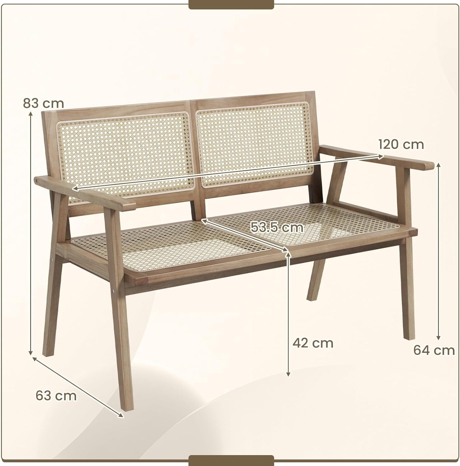 2 Seater Garden Bench with Rattan Seat Natural Wood Patio Love Seat