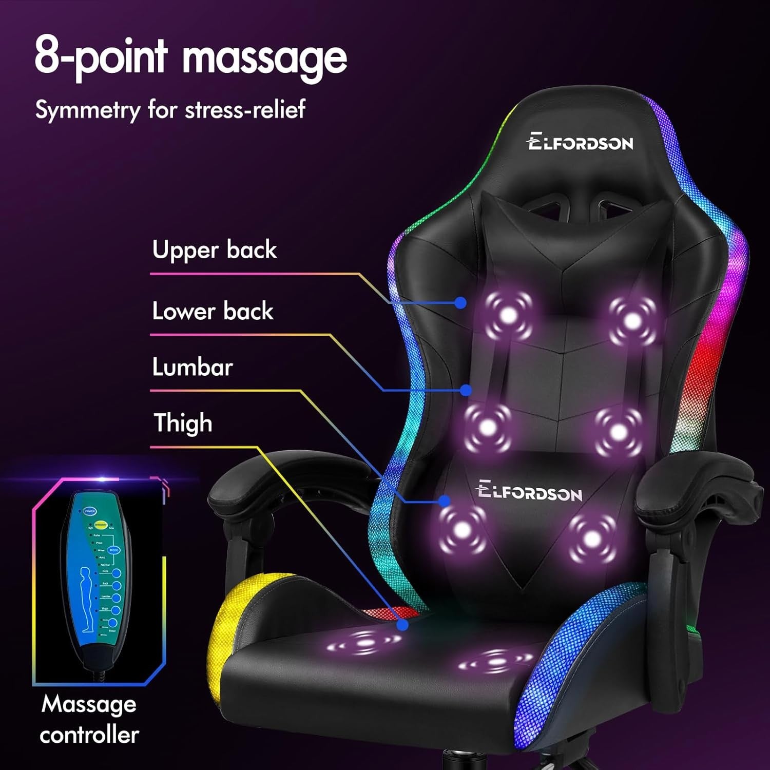 LED Gaming Chair Massage RGB Recliner with Footrest PU Leather