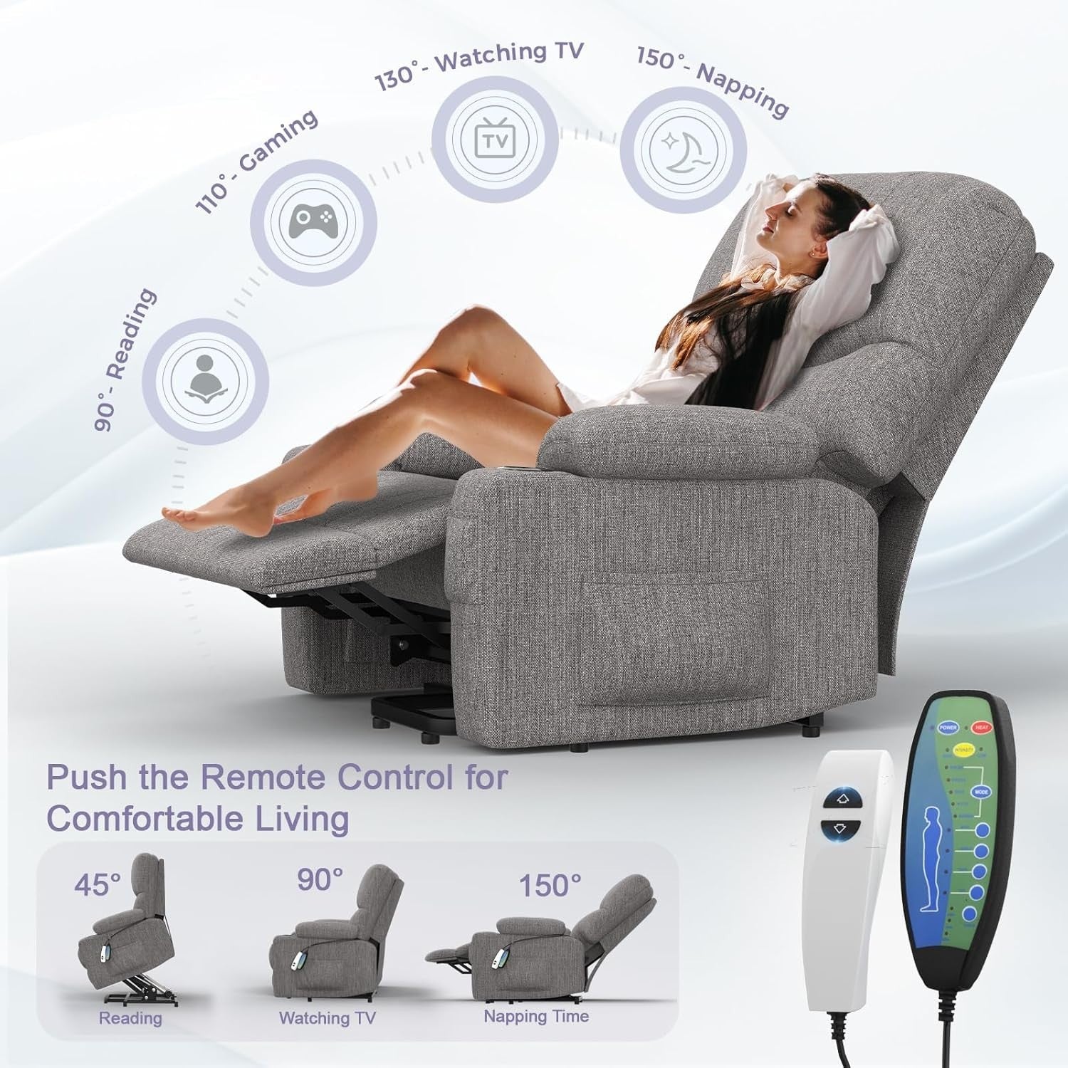 Electric Recliner Chair Massage Heat Oversized Lift USB Type-C Grey Armchair