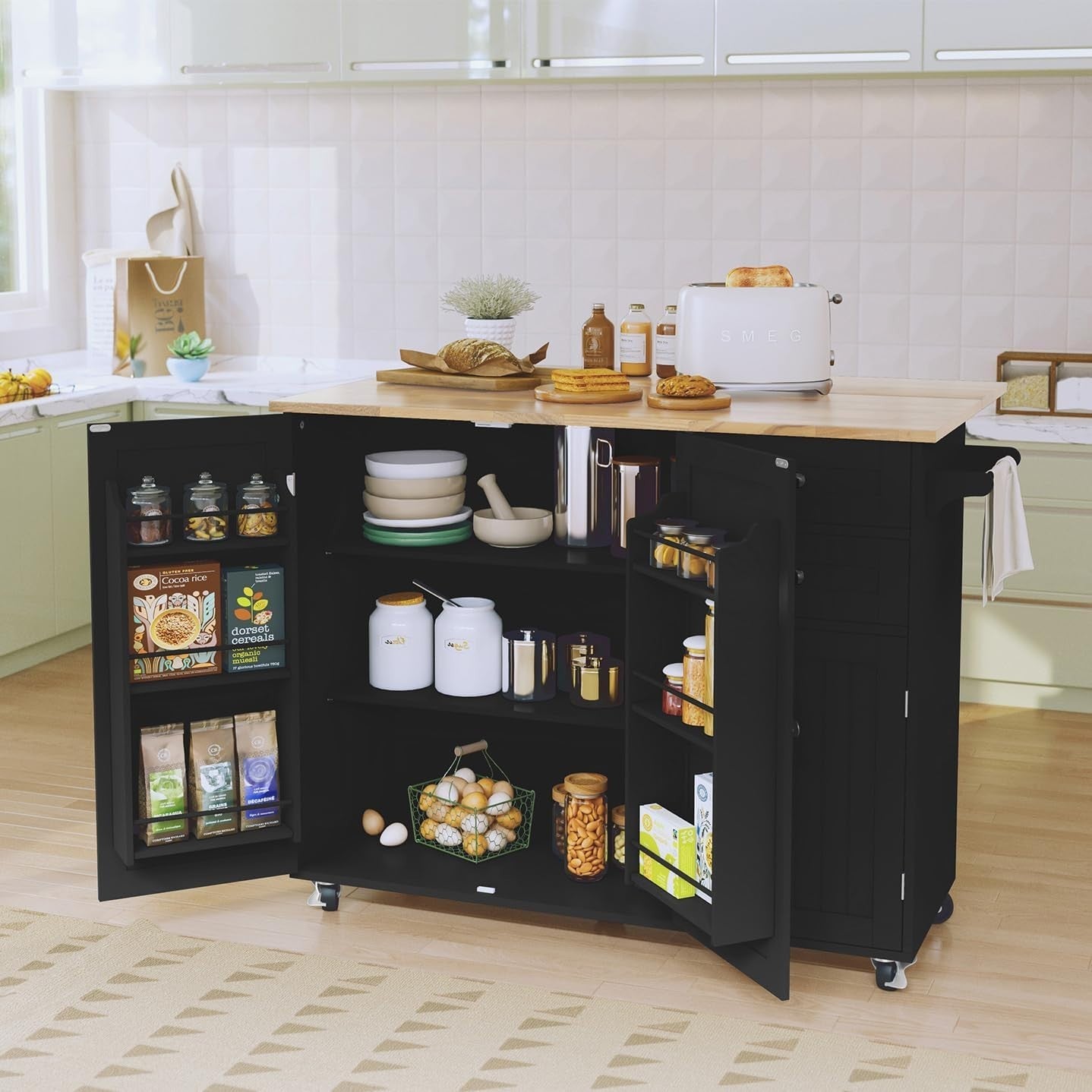 Kitchen Island on Wheels with Extendable Rubberwood Top, Storage & Drawers