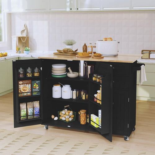 Kitchen Island on Wheels with Extendable Rubberwood Top, Storage & Drawers