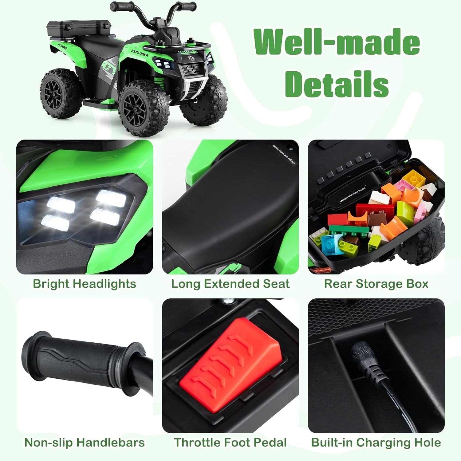 Kids Electric Quad Bike 6V Ride On ATV LED Lights Music Green 20kg