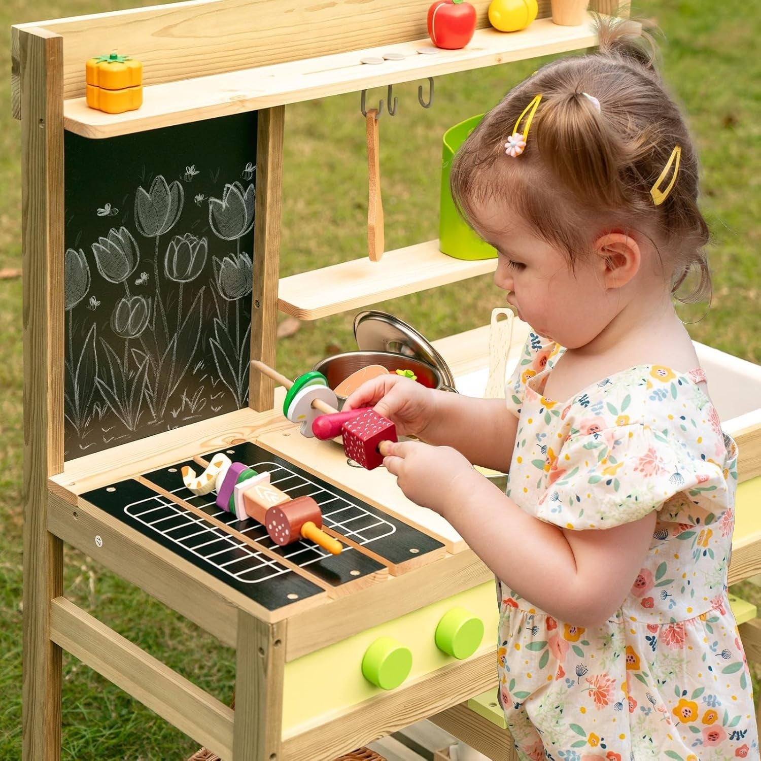 Outdoor Mud Kitchen for Kids Wooden Playset w/ Sink BBQ Toys