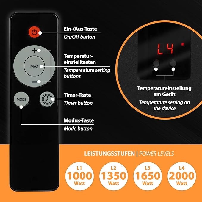 Outdoor Infrared Patio Heater 2000W Remote Control 4 Heat Levels Timer Safe
