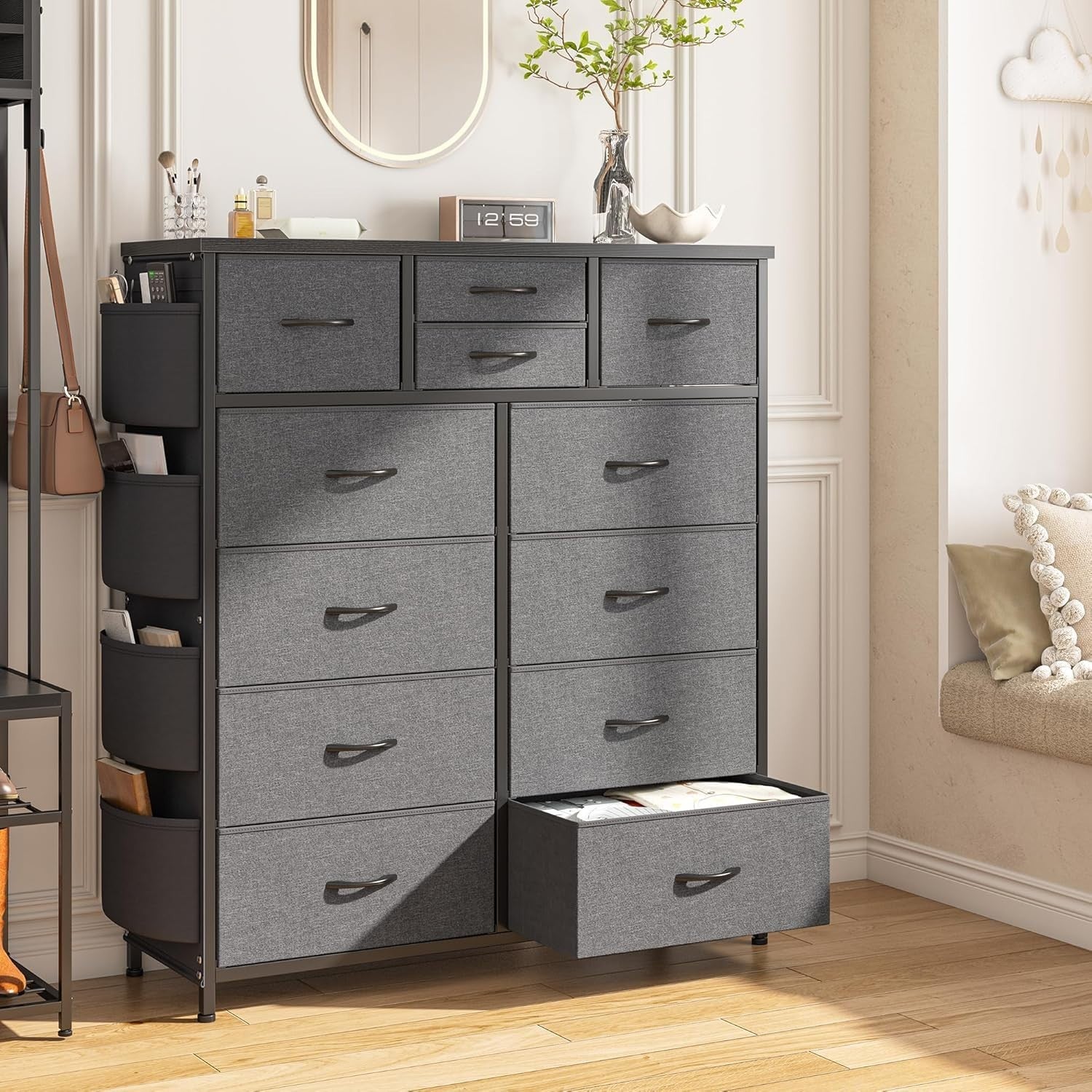 Grey 12 Drawer Tall Fabric Dresser Storage Cabinet w/Side Pockets Bedroom