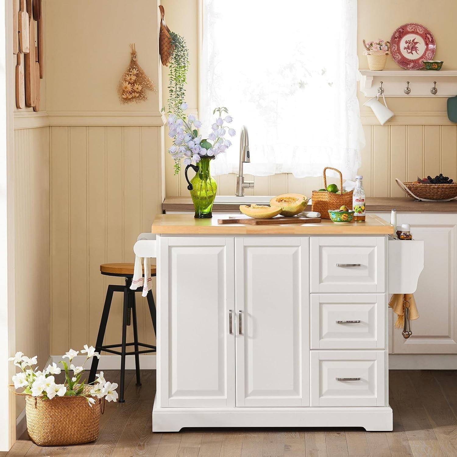 Extendable Kitchen Island on Wheels with Rubber Wood Worktop & Storage