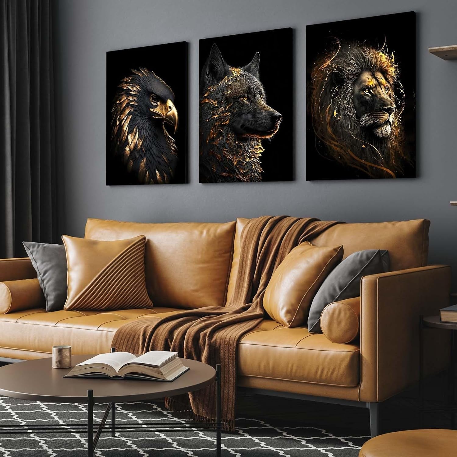 Set of 3 Black Gold Animal Canvas Wall Art 12x16 Framed Wolf Lion Eagle
