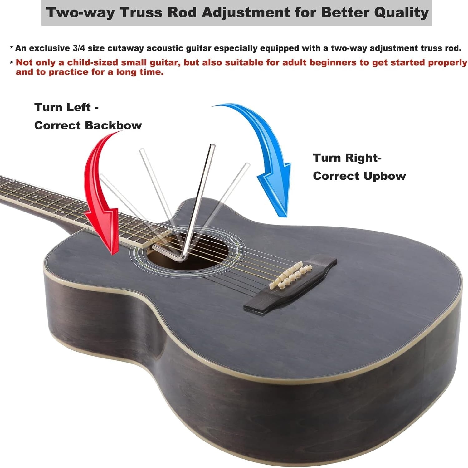 3/4 Acoustic Guitar 36in Cutaway Starter Kit Black Grey