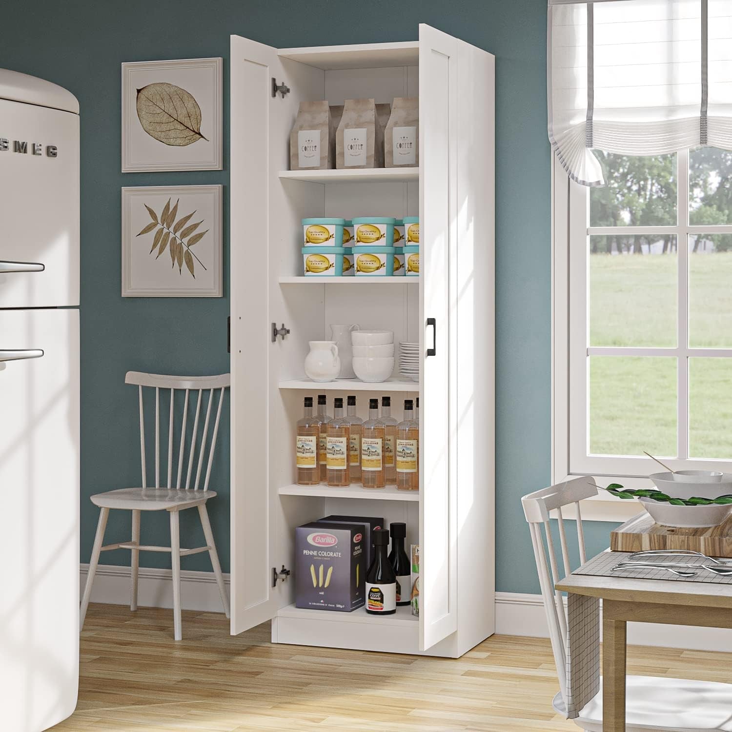 Tall Freestanding Kitchen Storage Cabinet with 2 Doors & Adjustable Shelves
