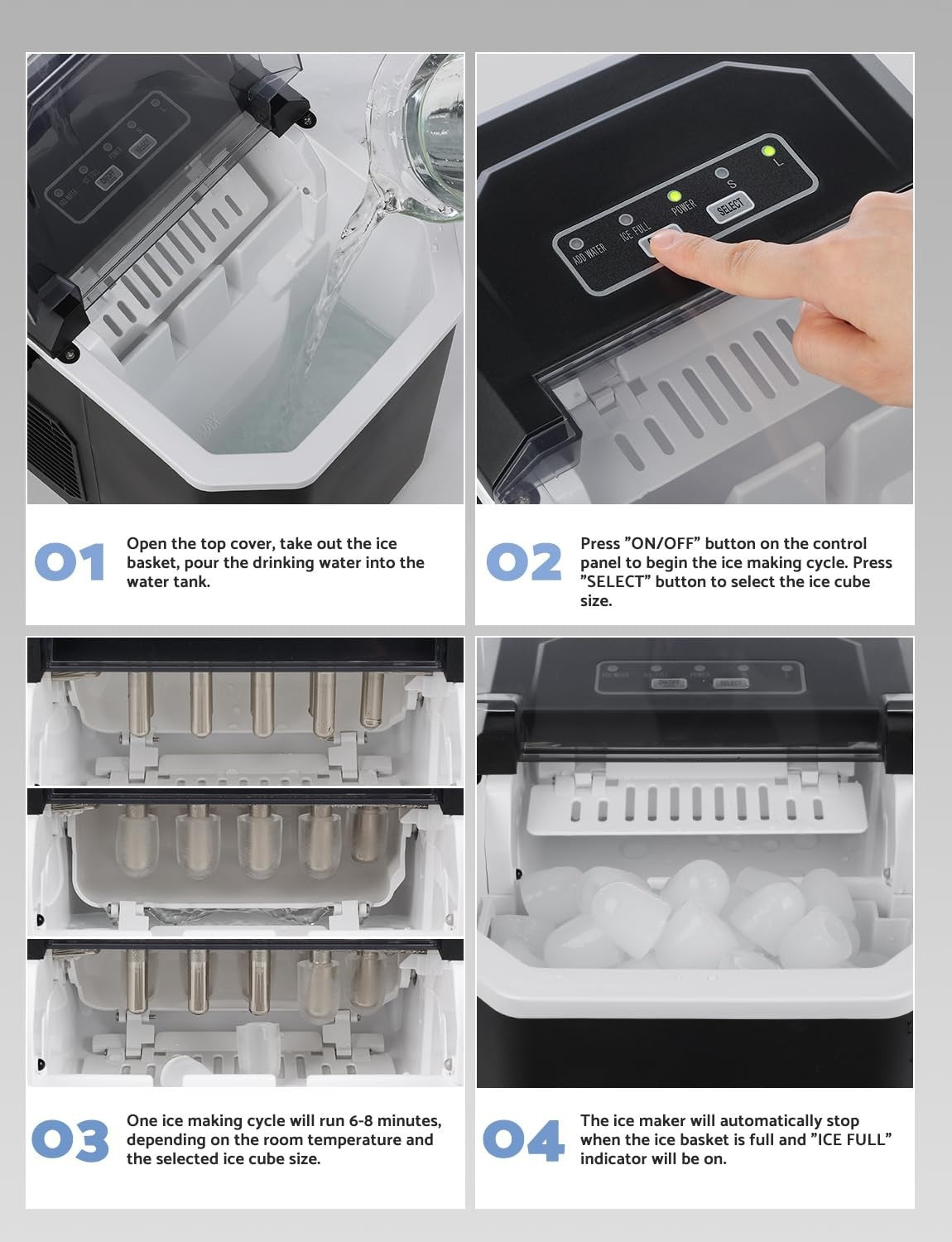 Compact Countertop Ice Maker 12Kg/24h, 9 Cubes Ready in 6 Mins, Portable