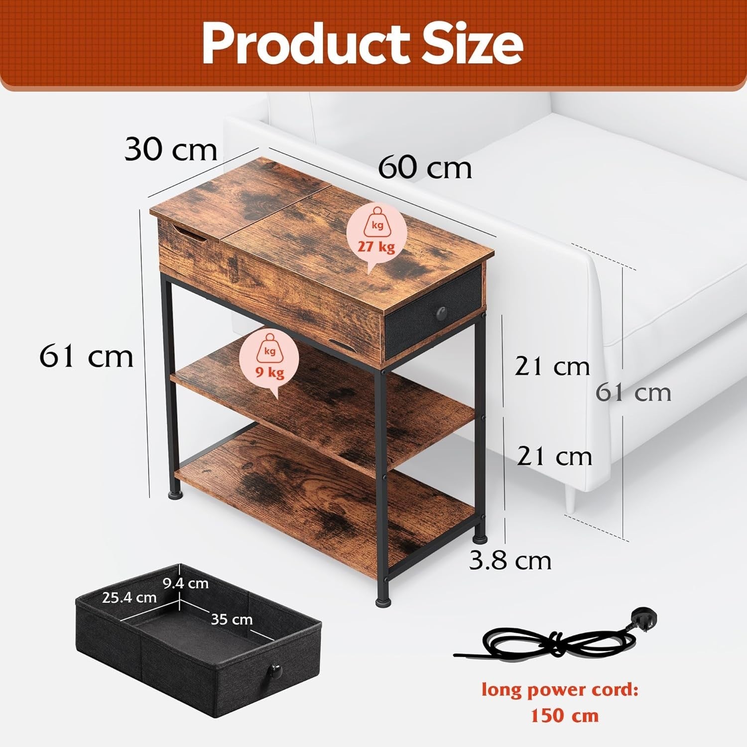 Narrow Side Table with Charging Station, USB & AC Outlets, Storage Drawer