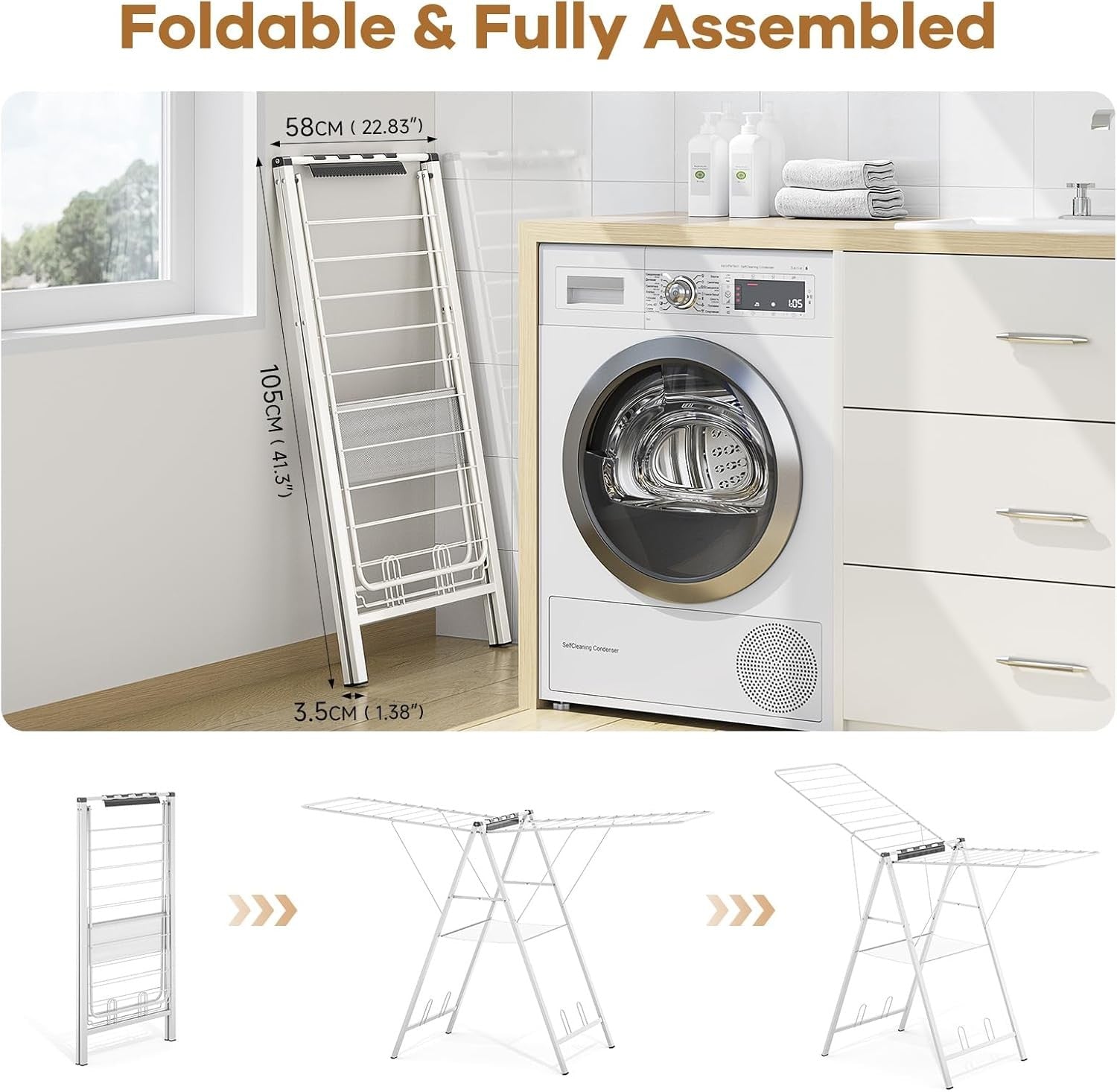 Foldable Clothes Drying Rack Height Adjustable Metal Indoor Outdoor