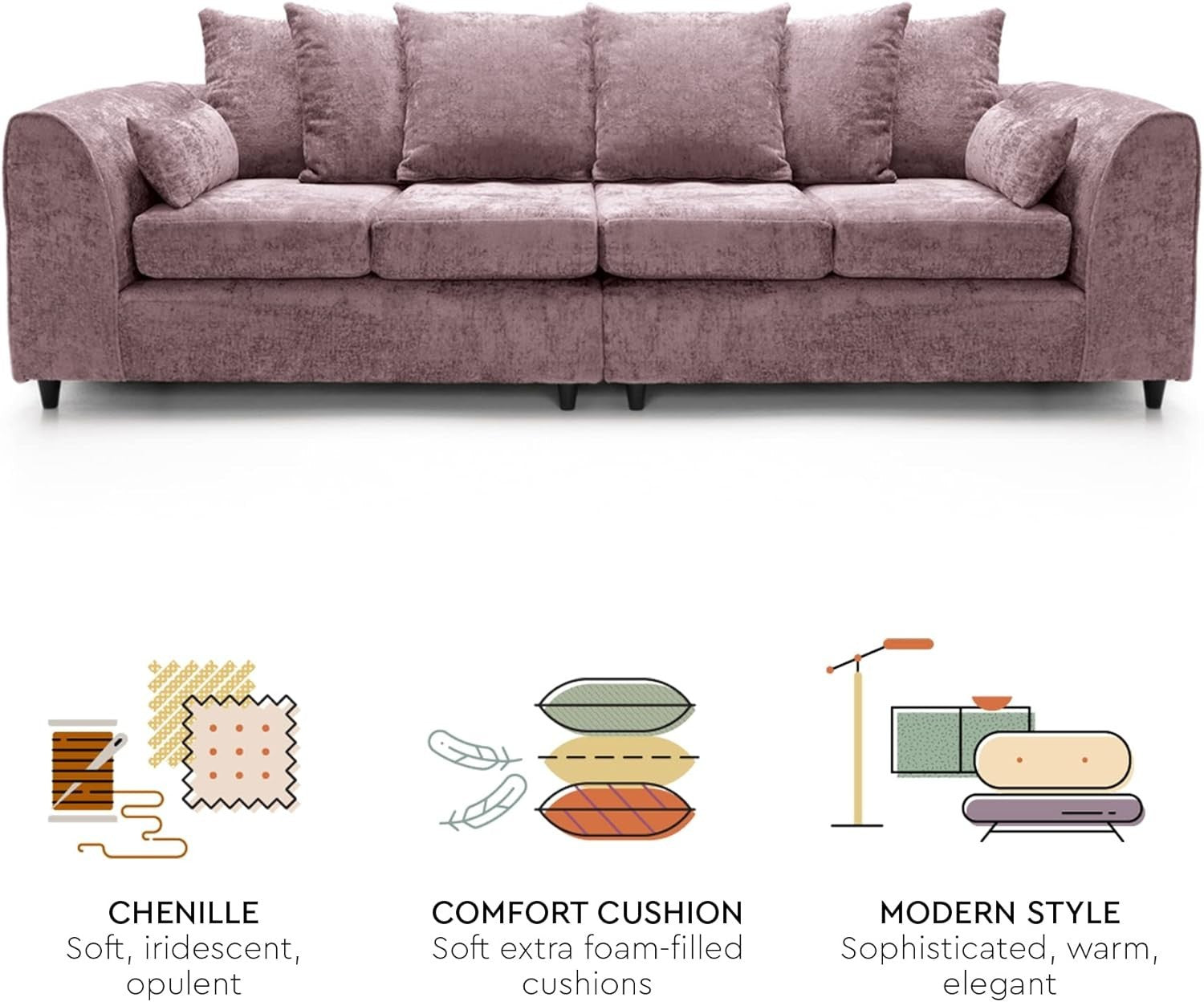 4 Seater Sofa Pink Chenille Large Couch Modern Deep Seat Living Room Seating