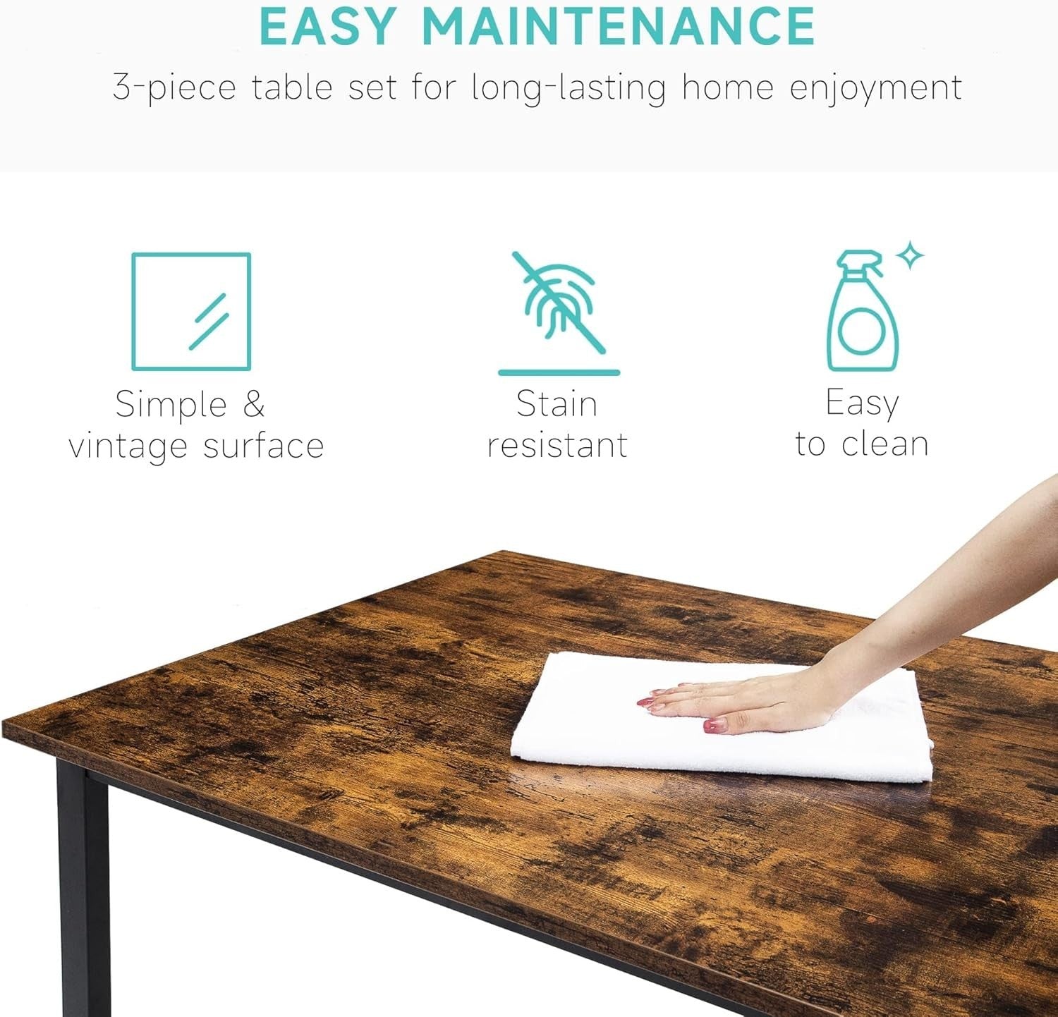 Rustic Brown Dining Table Set for 4 with 2 Benches Space Saving Wood Metal