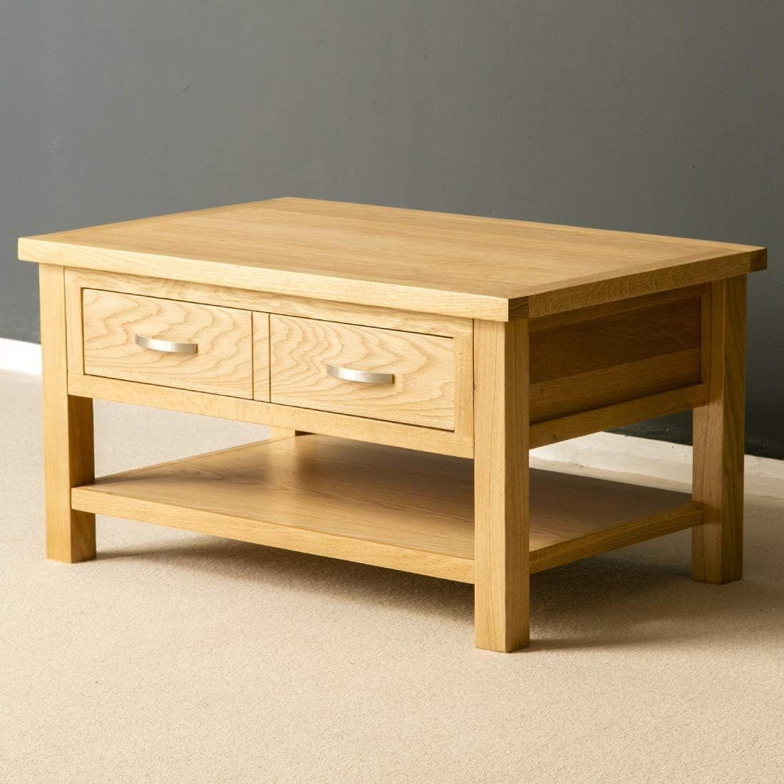 Solid Oak Coffee Table with Storage Drawer & Shelf | Rustic Wood 85x55