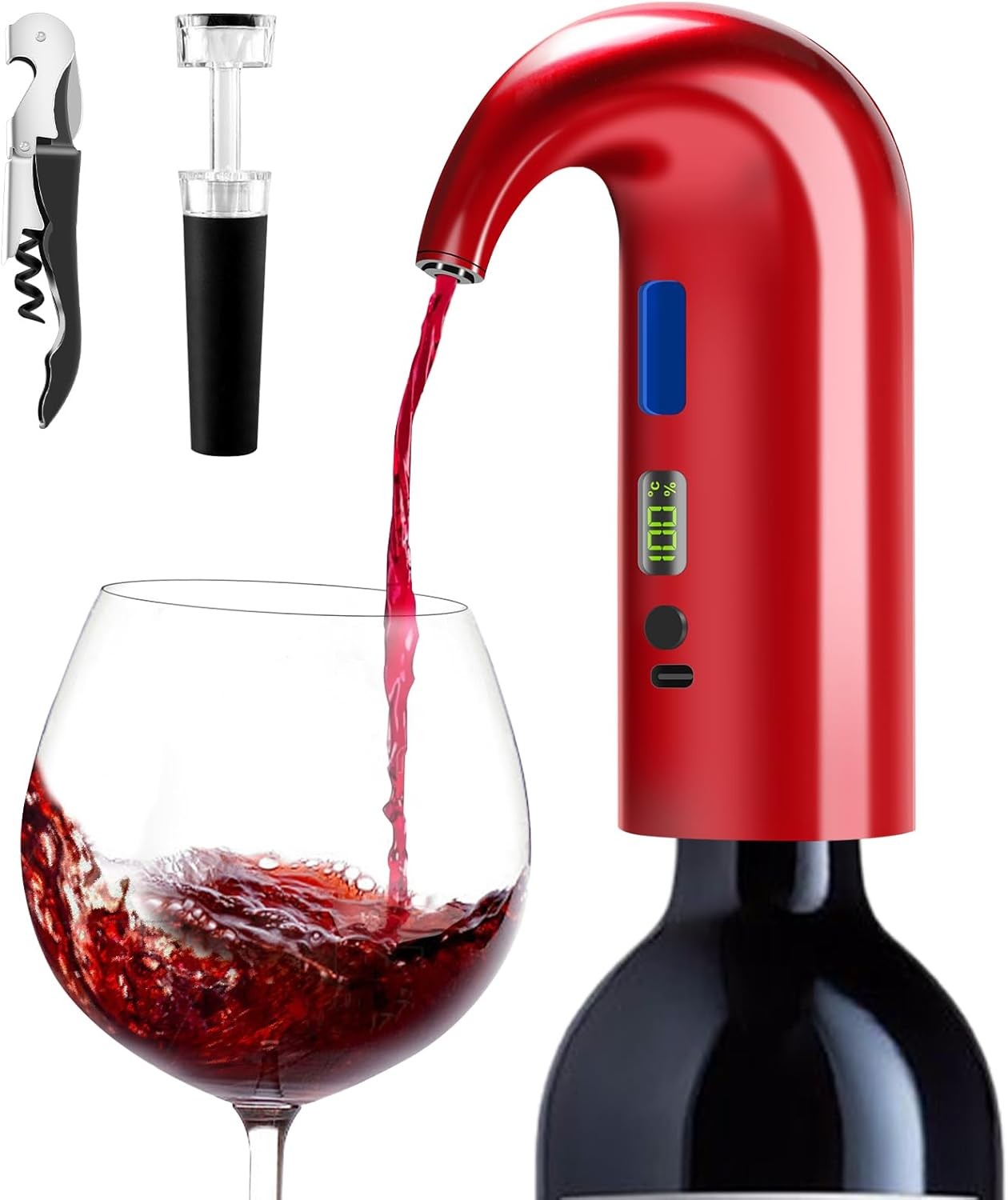 Electric Wine Aerator Dispenser Red Auto Pourer USB-C Rechargeable 750ml