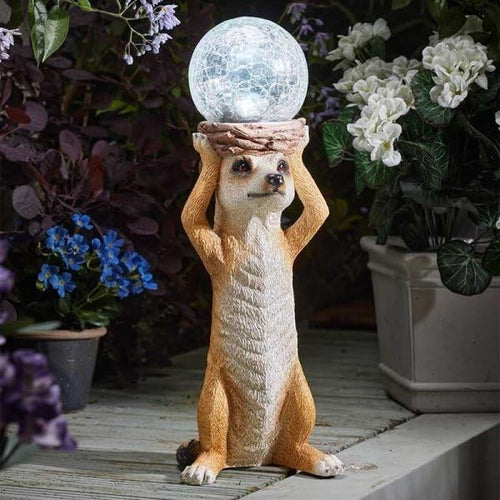 Solar LED Meerkat Garden Ornament with Crackle Glass Ball 37cm Resin Outdoor