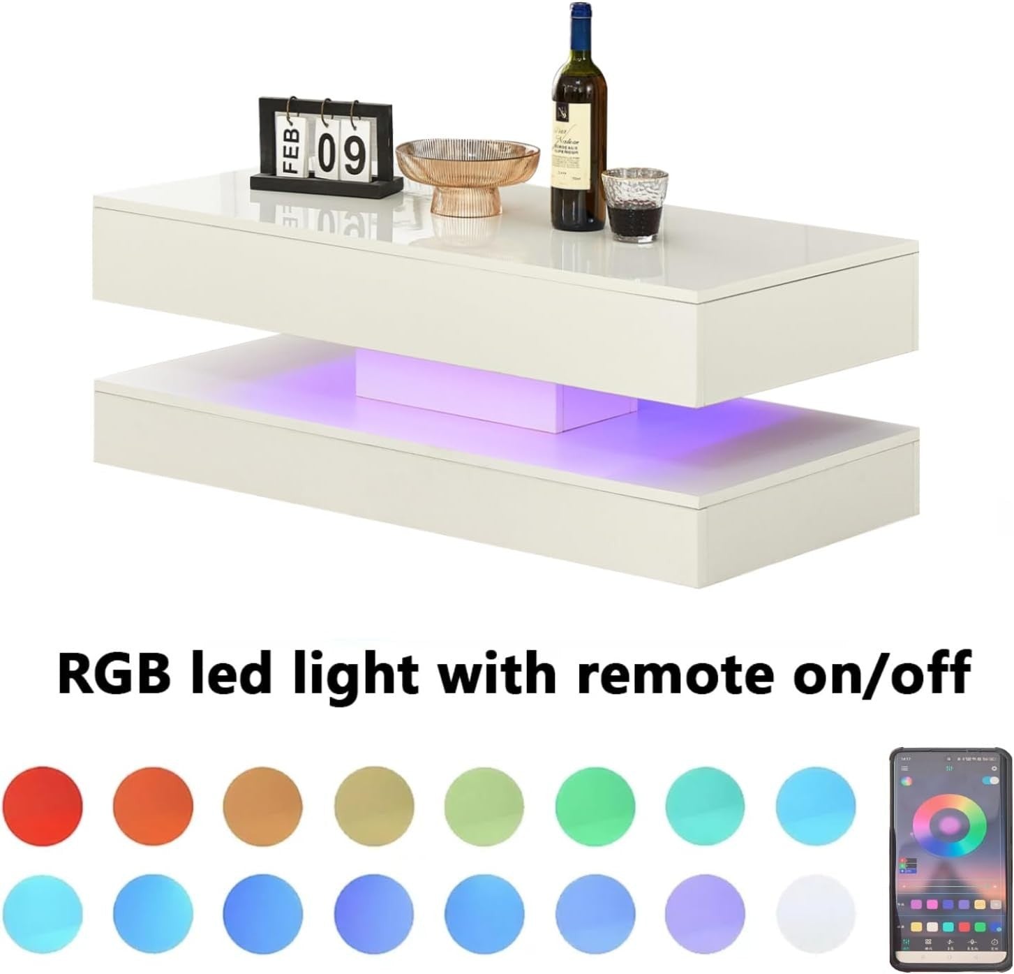 White LED Coffee Table High Gloss 2 Drawer Storage Modern Living Room