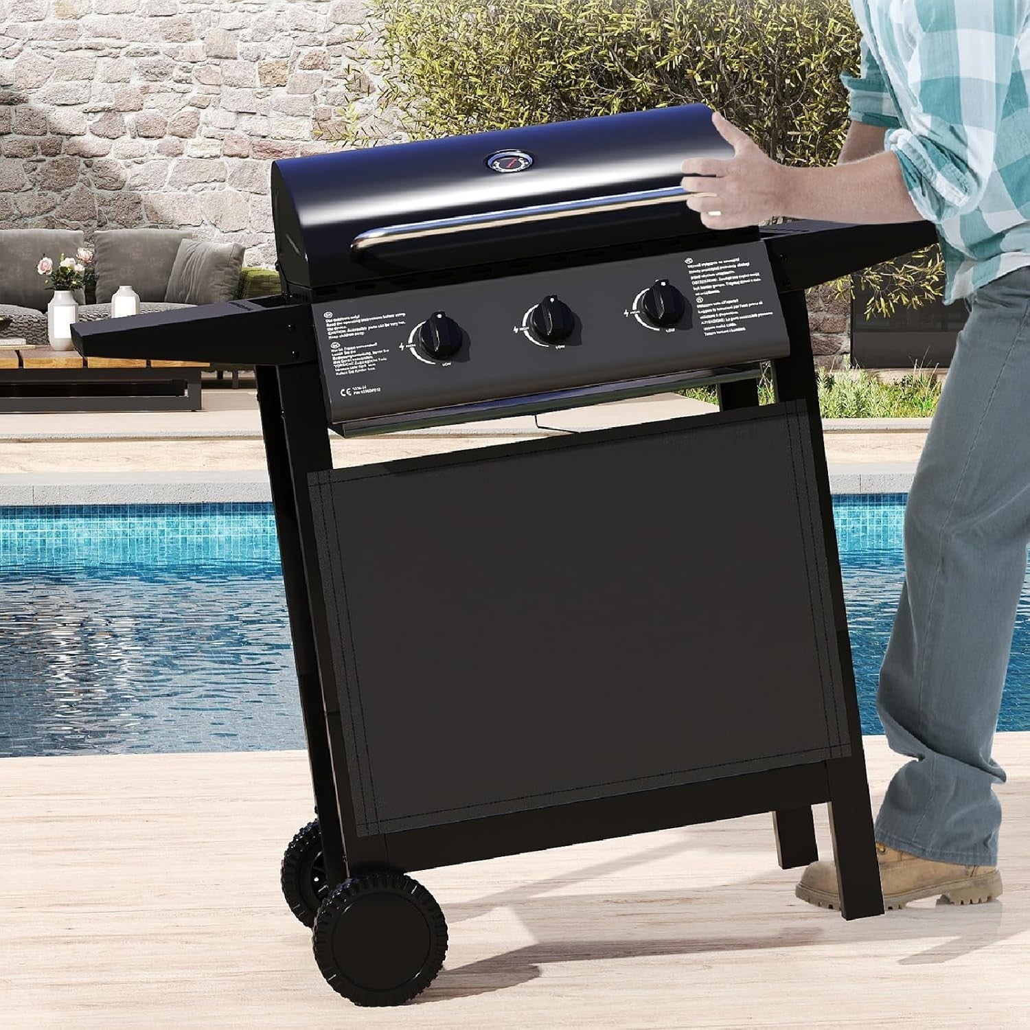 3 Burner Gas BBQ Grill with Lid, 49x106x98cm, Thermometer, Side Shelves & Wheels