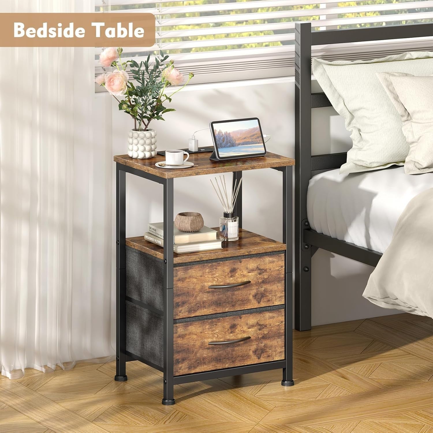 Set of 2 Rustic Industrial Bedside Tables with LED Lights & USB Charging Ports