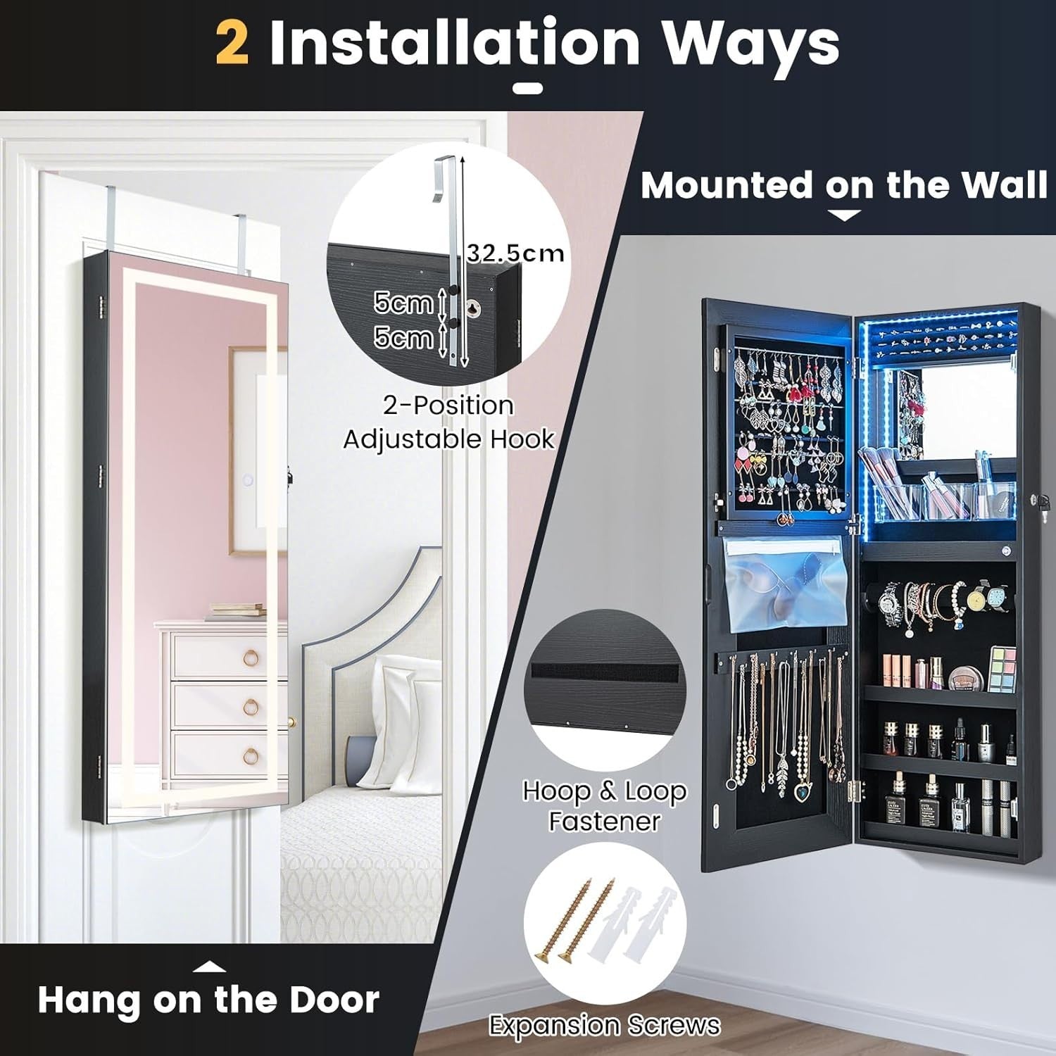 LED Jewelry Armoire Wall Door Mounted Lockable Mirror Storage Black