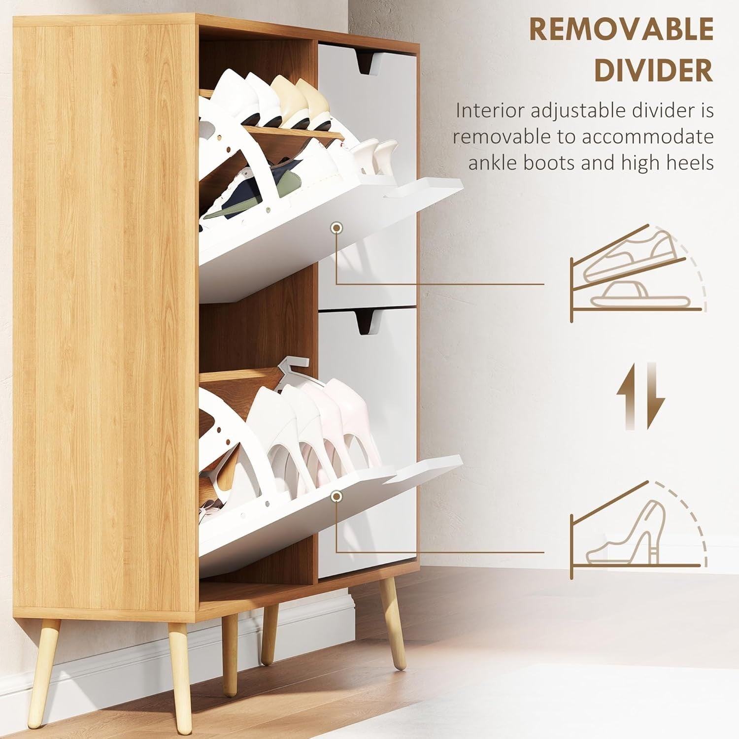 Slim Natural 4 Drawer Shoe Cabinet with Adjustable Shelves & Anti-Tip Straps