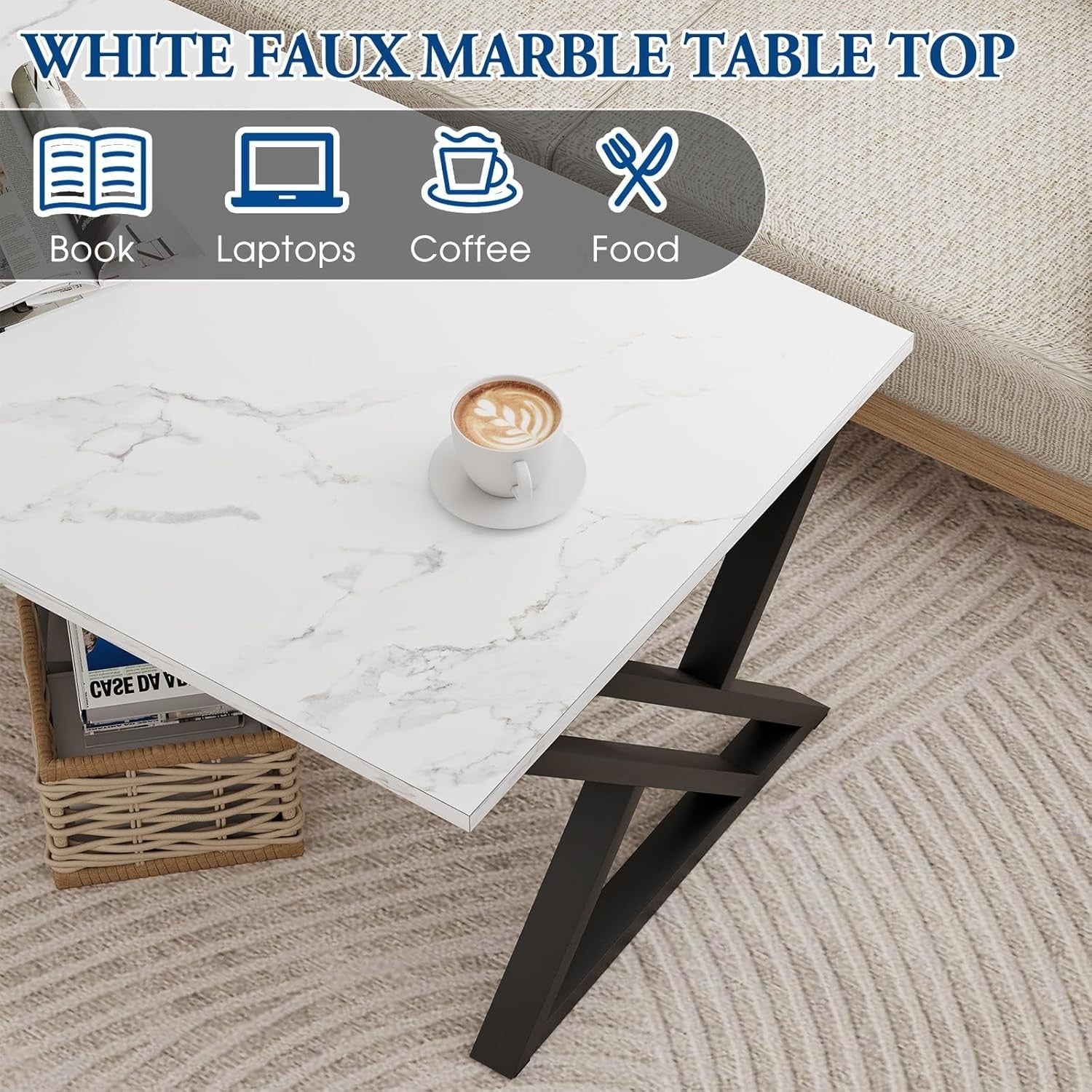 Modern Black Gold Coffee Table Rectangular Room Table Open Storage.