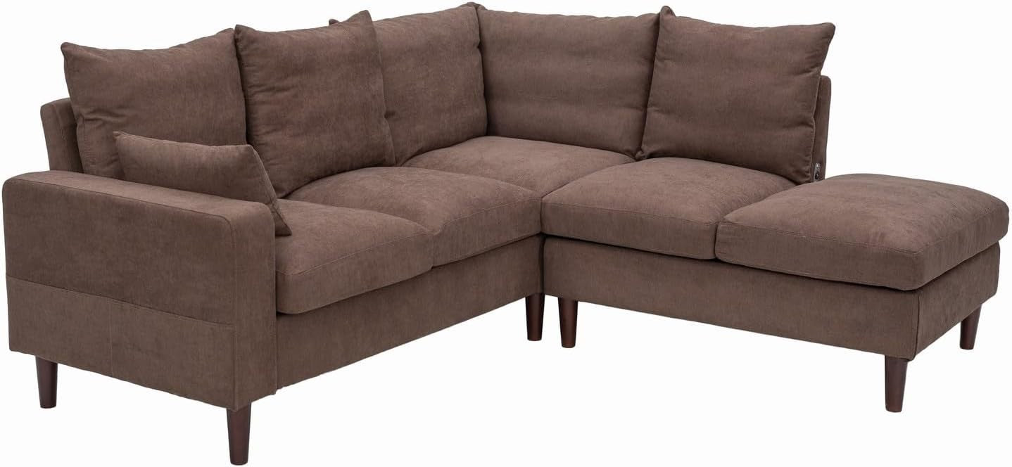 5 Seater L Shape Corner Sofa w/ Chaise & USB Charging | Brown Linen