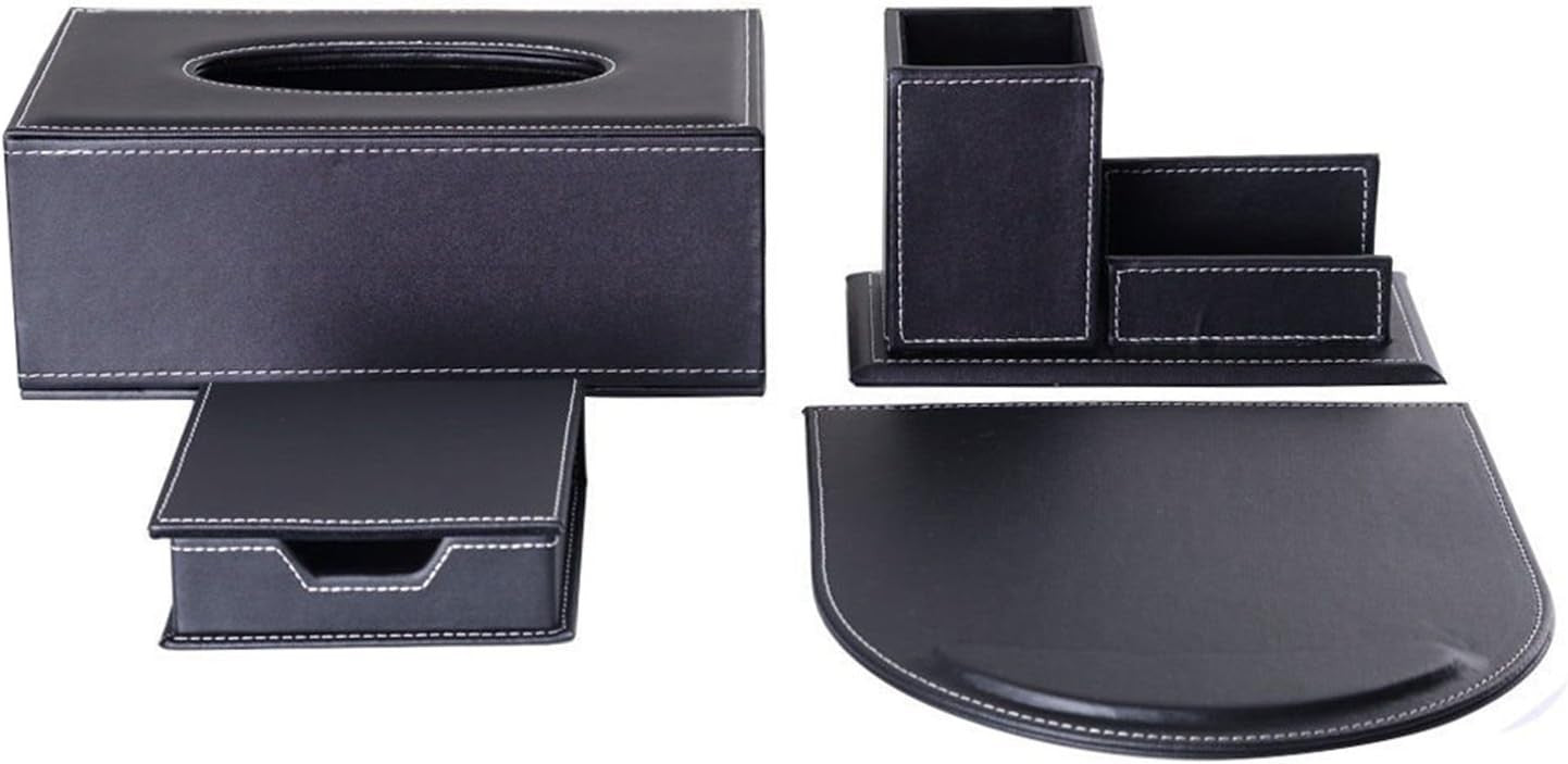 4-Piece Black PU Leather Desk Organizer Set with Mousepad & Tissue Box