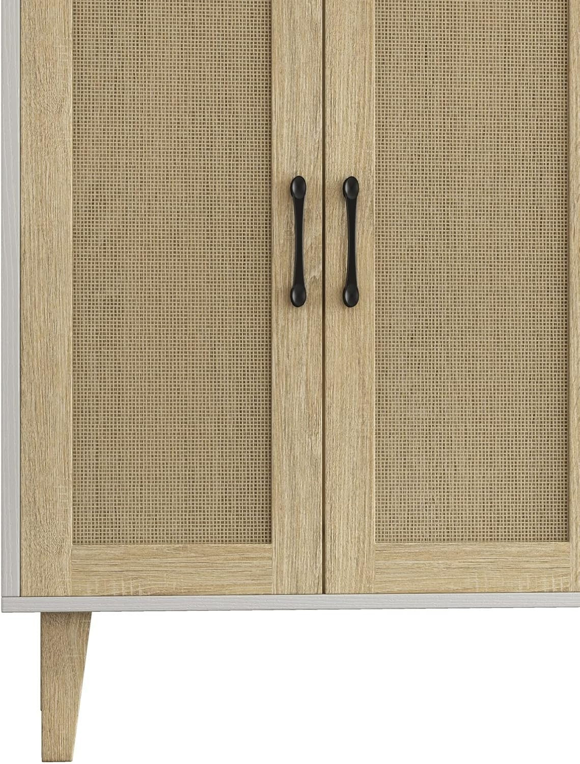 White Buffet Storage Cabinet with Adjustable Shelves Rattan Accent Modern