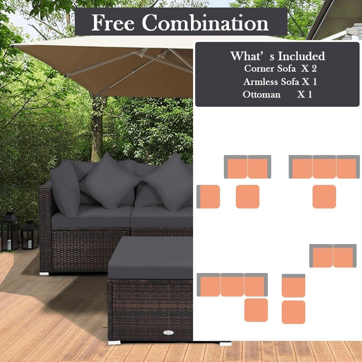 4PC Outdoor Rattan Sofa Set Grey Cushioned Garden Lounge Table Modular