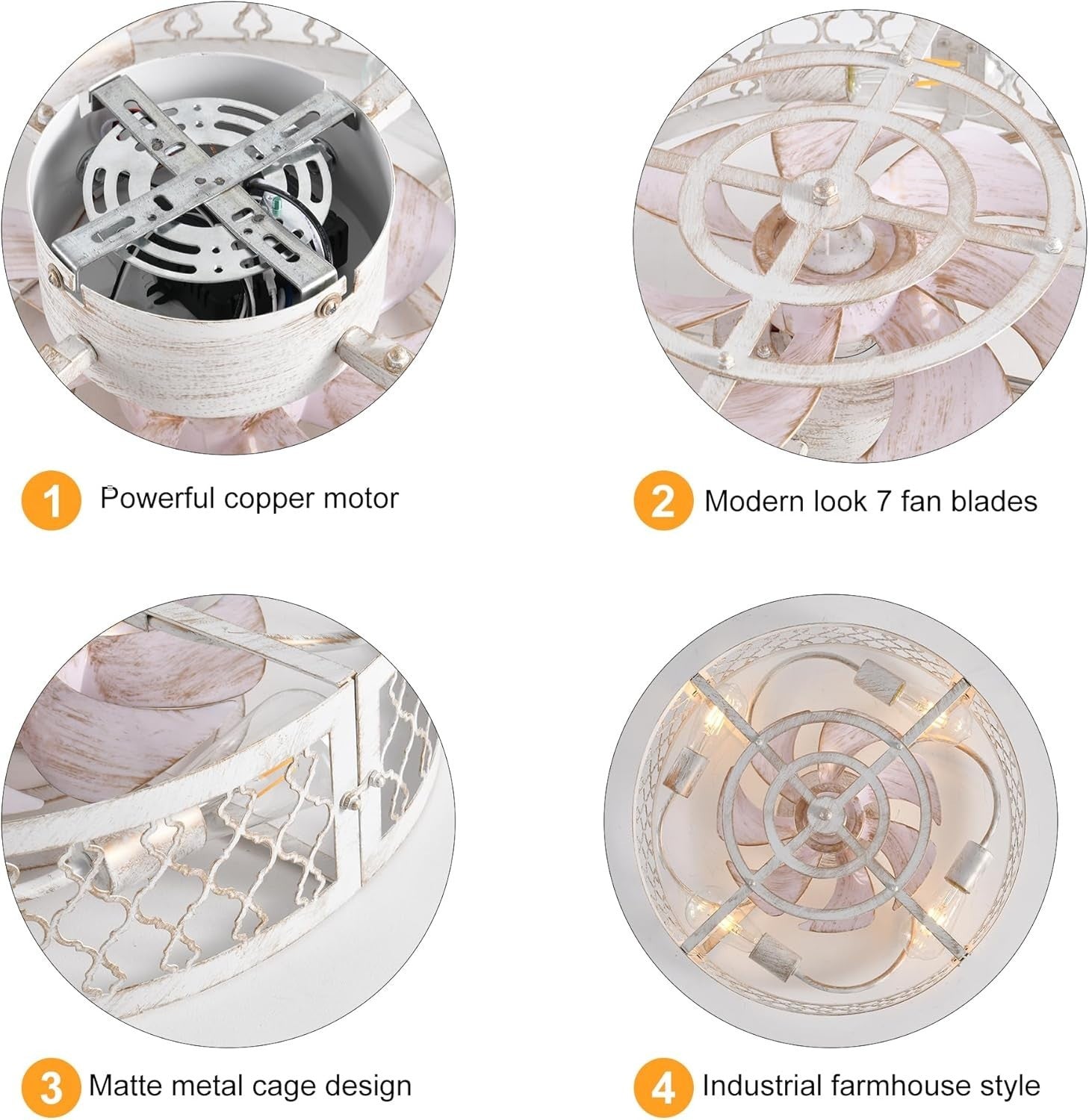50cm Industrial Ceiling Fan Light, White Caged, 4 Lights, Remote Control