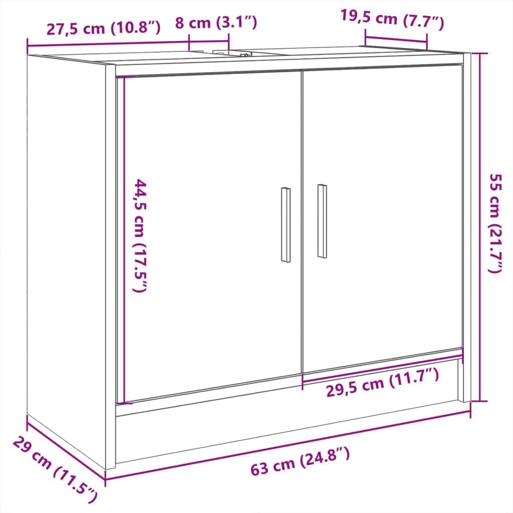 Black Under Sink Bathroom Cabinet – Modern Double Door Vanity Storage Unit 63cm