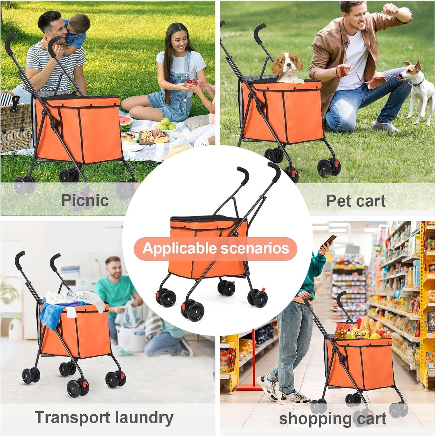 Orange Foldable Pet Stroller Shopping Cart 60lb Heavy Duty Utility Wagon