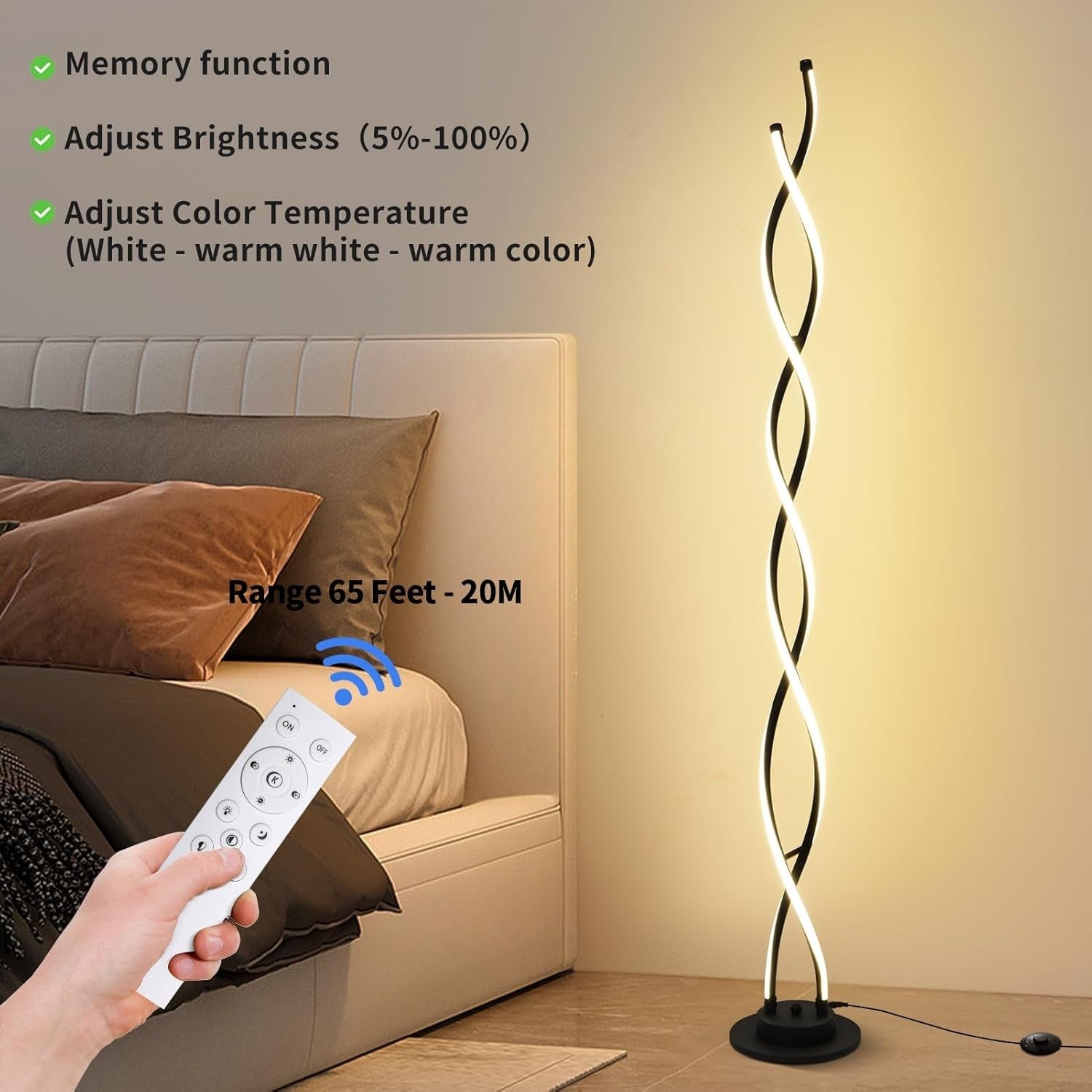 LED Floor Lamp with Remote, 3 Color Temps & 5 Brightness Levels, 55” Tall