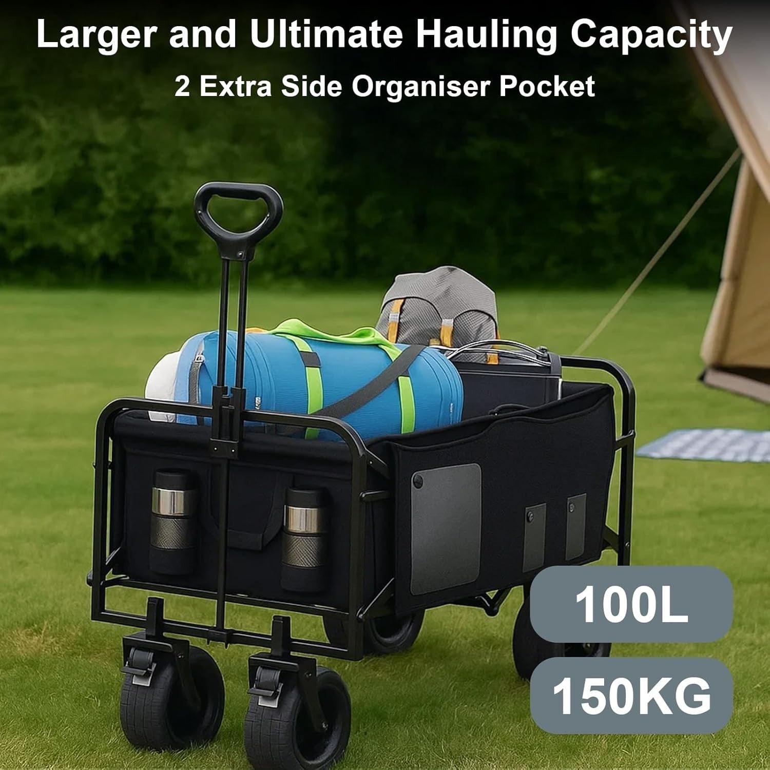 Heavy Duty Folding Camping Trolley 100L Cart All-Terrain Wide Wheels Brakes