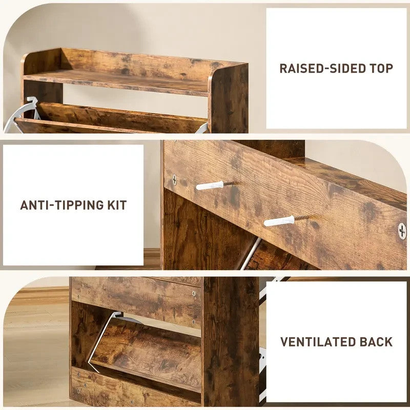 Rustic Farmhouse Shoe Cabinet with Flip Drawers & Barn Door Design – 80cm