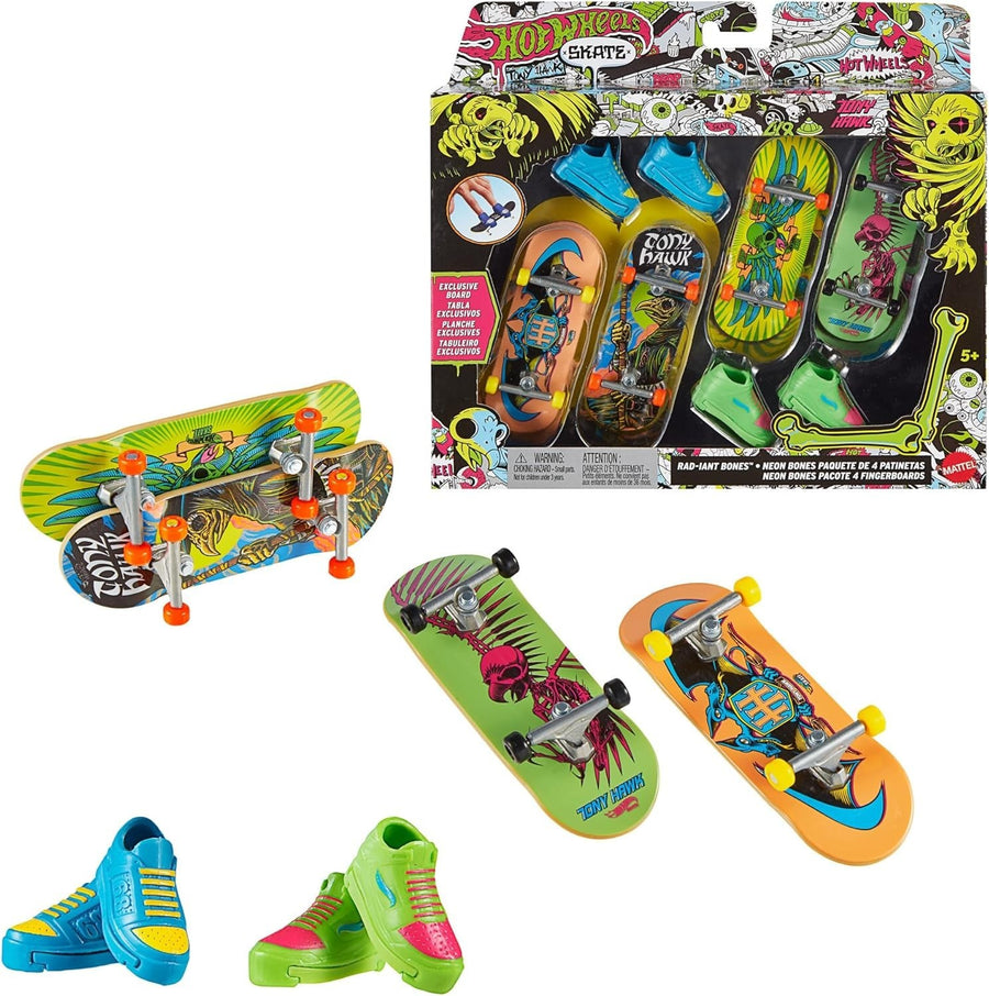 Tony Hawk Fingerboard 4-Pack Neon Skateboards with Removable Shoes