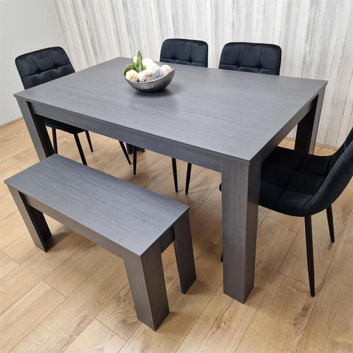 6 Seater Dining Table with 4 Black Chairs & Bench – Dark Wood Kitchen Set